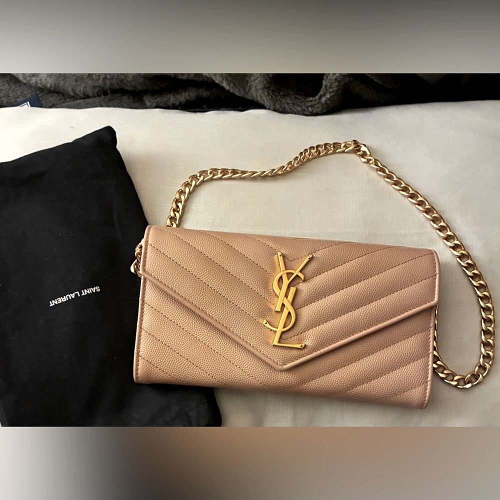 Chic Yves Saint Laurent YSL Clutch Wallet w Chain Buff Pink MSRP $1499 - Picture 15 of 15